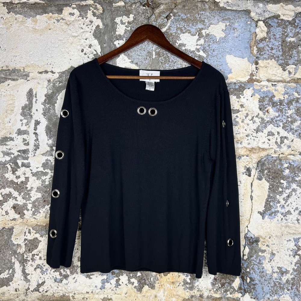 Vintage Versailles Grommet Ribbed Knit Top Black Long Sleeve Scoop Women XL